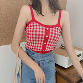 Heart Button With Plaid Sexy Knitted Crop Tops
